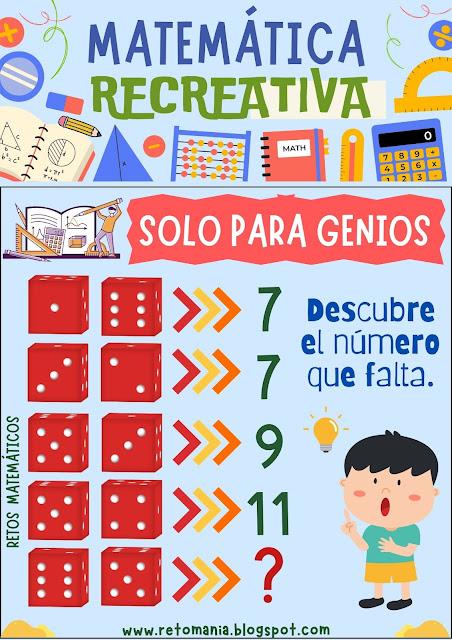 Matemática recreativa, Matemática lúdica, Juegos matemáticos, Juegos Escolares, Desafíos matemáticos, Retos matemáticos, Problemas matemáticos, Problemas de lógica, Problemas de ingenio, Dominó, Juegos con Dados