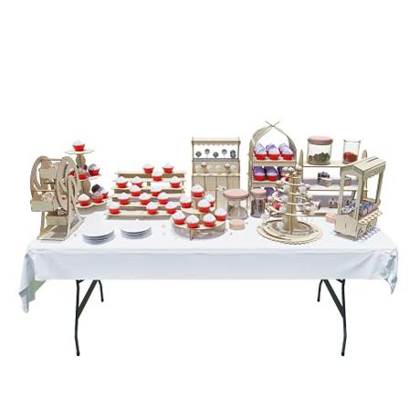Artea 19 Kit P Candy Bar, Muebles Para Decorar Mesa de Dulces, (Incluye 7 Muebles), Quiosco,Carrito Dulcero,Rueda de la Fortuna,Estante Triangular,Paletero Espiaral,etc Ideales para tu Mesa de Snacks