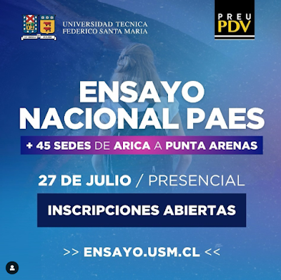 Invitación Ensayo Presencial Nacional PAES 2024 de la Universidad Técnica Federico Santa María y el Preuniversitario Pedro de Valdivia.