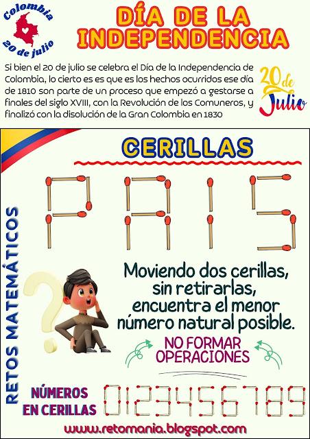 Desafíos matemáticos, Retos matemáticos, Problemas matemáticos, Problemas de lógica, Gimnasia matemática, Gimnasia cerebral, Retos virales, Acertijos, Acertijos visuales, Retos mentales, 20 de julio, Día de la Independencia, Mates e Historia, Mates y la Independencia, Cerillas, Juegos con cerillas, Juego con palillos
