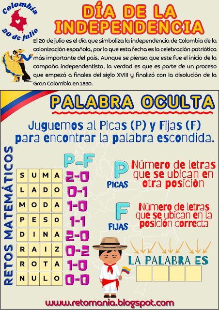 Desafíos matemáticos, Retos matemáticos, Problemas matemáticos, Problemas de lógica, Gimnasia matemática, Gimnasia cerebral, Retos virales, Acertijos, Acertijos visuales, Retos mentales, 20 de julio, Día de la Independencia, Mates e Historia, Mates y la Independencia, Juego de Palabras, BuscaPalabras, Palabra Oculta, Palabra Escondida