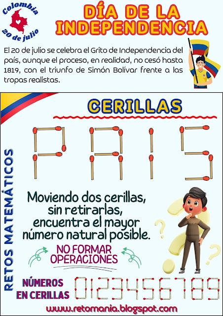 Desafíos matemáticos, Retos matemáticos, Problemas matemáticos, Problemas de lógica, Gimnasia matemática, Gimnasia cerebral, Retos virales, Acertijos, Acertijos visuales, Retos mentales, 20 de julio, Día de la Independencia, Mates e Historia, Mates y la Independencia, Cerillas, Juegos con cerillas, Juego con palillos