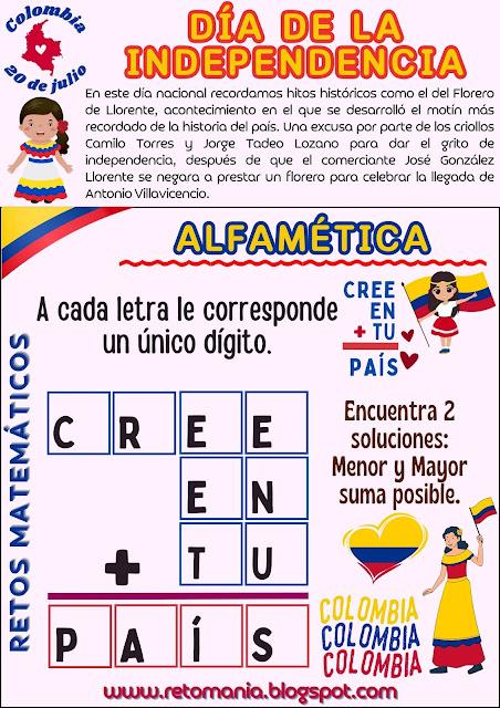 Desafíos matemáticos, Retos matemáticos, Problemas matemáticos, Problemas de lógica, Gimnasia matemática, Gimnasia cerebral, Retos virales, Acertijos, Acertijos visuales, Retos mentales, 20 de julio, Día de la Independencia, Mates e Historia, Mates y la Independencia, Criptoaritmética, Alfamética, Alfametika, Alfametik, Juego de palabras, Suma de Palabras