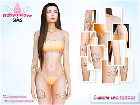 Sims 4 CC | Tattoo: Summer sea tattoos | Gabymelove Sims | Download, descargar, free, gratis, custom content, contenido personalizado, mod, mods, tatuaje, tatuajes, set, pack, verano, veraniego, playa, beach, mar, océano, ocean, olas, waves, wave, palmeras, palm tree, sun, sol, moon, luna, shell, conchas, whale, ballena, peces, fish, pearl, perlas, mermaid, tail, siren, sirena, sirenas, cola.