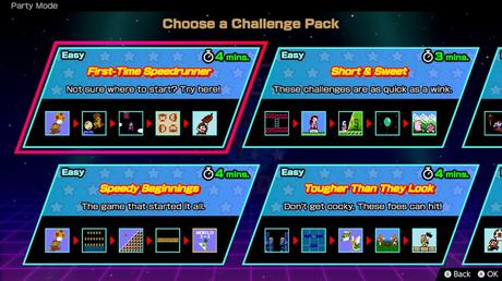 Una captura de pantalla del menú de Challenge Packs disponibles en el Modo Fiesta de Nintendo World Championships: NES Edition.