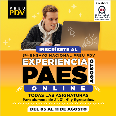 Invitación al 3° Ensayo Nacional PAES online del Preuniversitario Pedro de Valdivia para estudiantes de 2° a 4° medio.