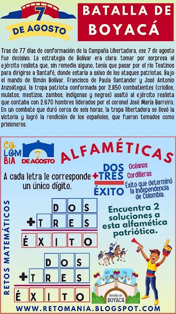 Batalla de Boyacá, 7 de agosto, Retos matemáticos, Desafíos matemáticos, Problemas matemáticos, Problemas de lógica, Retos mentales, Juegos de aprendizaje, Juegos educativos, Juegos de palabras, Criptoaritmética, Alfamética, Alfametika, Alfametik, Fiestas Patrias, Juego de Letras, Criptograma, Criptosuma, Independencia de Colombia