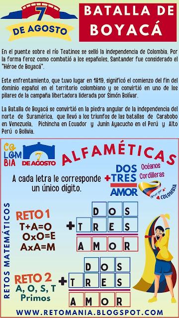 Batalla de Boyacá, 7 de agosto, Retos matemáticos, Desafíos matemáticos, Problemas matemáticos, Problemas de lógica, Retos mentales, Juegos de aprendizaje, Juegos educativos, Juegos de palabras, Criptoaritmética, Alfamética, Alfametika, Alfametik, Fiestas Patrias, Juego de Letras, Criptograma, Criptosuma, Independencia de Colombia