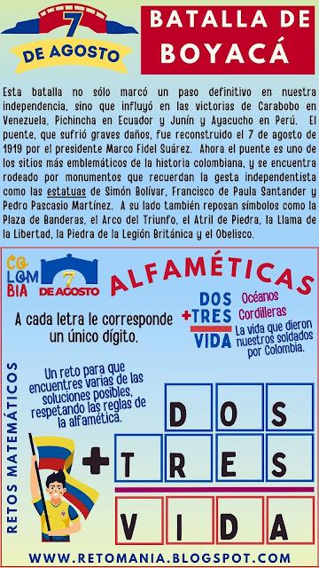 Batalla de Boyacá, 7 de agosto, Retos matemáticos, Desafíos matemáticos, Problemas matemáticos, Problemas de lógica, Retos mentales, Juegos de aprendizaje, Juegos educativos, Juegos de palabras, Criptoaritmética, Alfamética, Alfametika, Alfametik, Fiestas Patrias, Juego de Letras, Criptograma, Criptosuma, Independencia de Colombia