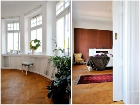 Decoración en armonía suelo de parquet en espiga mural de Times Square muebles de diseño mesa fritz hansen lámparas de diseño grandes ventanales estilo nórdico estilo escandinavo estilo de decoración sueco estampado de cebra en decoración diseño de interiores decoración de interiores consolas colgadas de la pared cocina blanca con isla