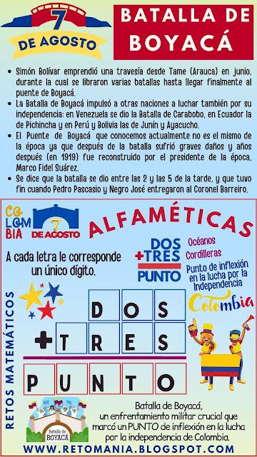 Batalla de Boyacá, 7 de agosto, Retos matemáticos, Desafíos matemáticos, Problemas matemáticos, Problemas de lógica, Retos mentales, Juegos de aprendizaje, Juegos educativos, Juegos de palabras, Criptoaritmética, Alfamética, Alfametika, Alfametik, Fiestas Patrias, Juego de Letras, Criptograma, Criptosuma, Independencia de Colombia