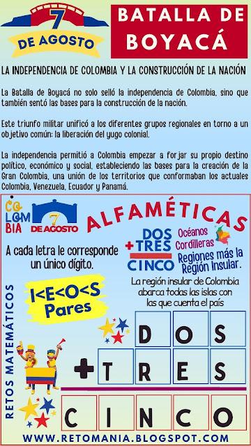 Batalla de Boyacá, 7 de agosto, Retos matemáticos, Desafíos matemáticos, Problemas matemáticos, Problemas de lógica, Retos mentales, Juegos de aprendizaje, Juegos educativos, Juegos de palabras, Criptoaritmética, Alfamética, Alfametika, Alfametik, Fiestas Patrias, Juego de Letras, Criptograma, Criptosuma, Independencia de Colombia