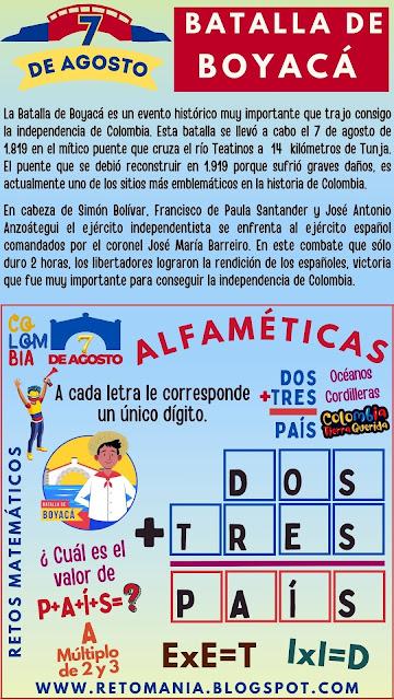 Batalla de Boyacá, 7 de agosto, Retos matemáticos, Desafíos matemáticos, Problemas matemáticos, Problemas de lógica, Retos mentales, Juegos de aprendizaje, Juegos educativos, Juegos de palabras, Criptoaritmética, Alfamética, Alfametika, Alfametik, Fiestas Patrias, Juego de Letras, Criptograma, Criptosuma, Independencia de Colombia