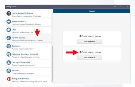 Permitir enlaces a carpetas en la configuración.