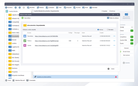 Ventana de gestión de los enlaces a la carpeta.