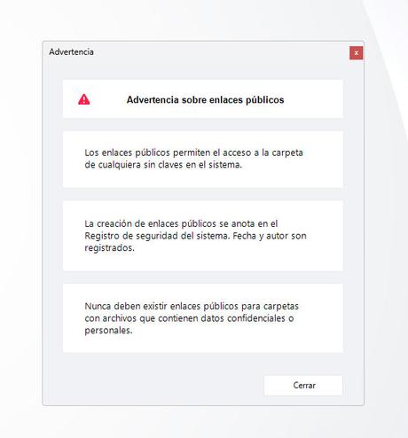 Advertencia sobre enlaces públicos a una carpeta.