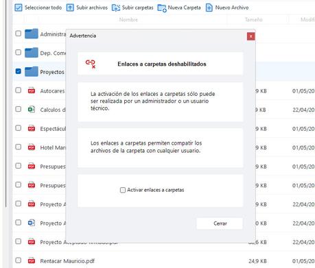 Los enlaces a carpetas pueden estar deshabilitados.
