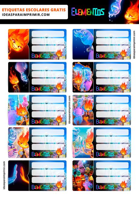 [+10] Etiquetas escolares de ELEMENTOS (Disney/Pixar) GRATIS para editar e imprimir!