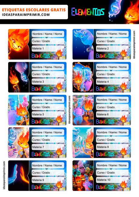 [+10] Etiquetas escolares de ELEMENTOS (Disney/Pixar) GRATIS para editar e imprimir!