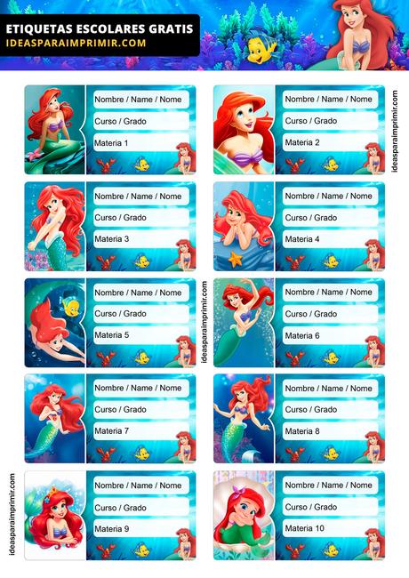 [+10] Etiquetas escolares de LA SIRENITA GRATIS para editar e imprimir!