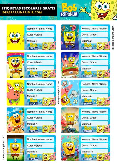 [+10] Etiquetas escolares de BOB ESPONJA GRATIS para editar e imprimir!