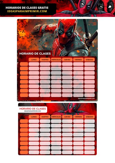 ¡GRATIS! Horarios de Clases de DEADPOOL para imprimir ¡GRATIS! Horarios de Clases de DEADPOOL para imprimir
