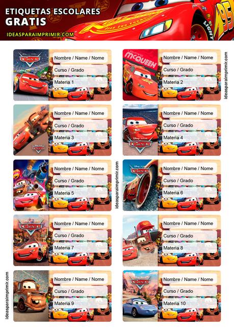 [+10] Etiquetas escolares de CARS y Rayo McQeen GRATIS para editar e imprimir!