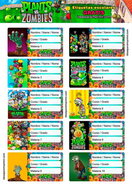 [+10] Etiquetas escolares de PLANTAS VS. ZOMBIES GRATIS para editar e imprimir!