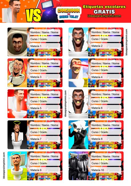 [+10] Etiquetas escolares de SKIBIDI TOILETS GRATIS para editar e imprimir!