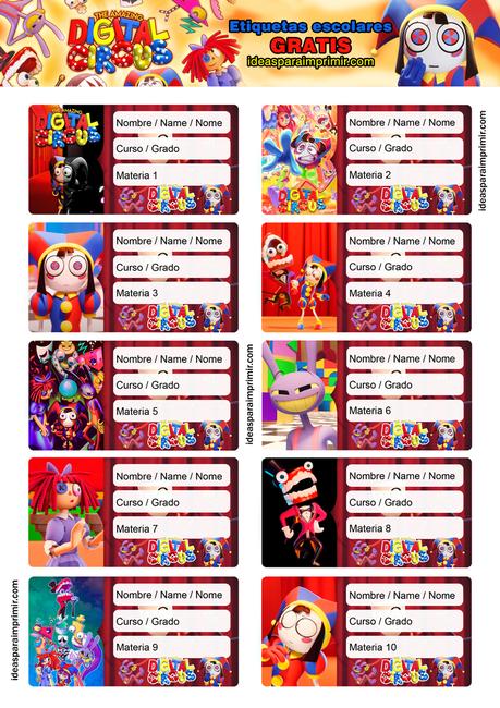 [+10] Etiquetas escolares EL ASOMBROSO CIRCO DIGITAL (Digital Circus) GRATIS para editar e imprimir!