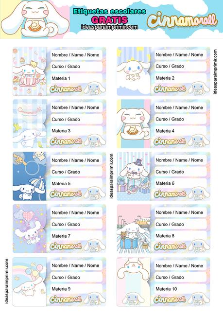 [+10] Etiquetas escolares de CINNAMOROLL GRATIS para editar e imprimir!