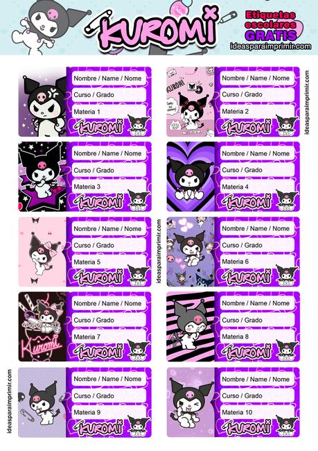 [+10] Etiquetas escolares de KUROMI GRATIS para editar e imprimir!