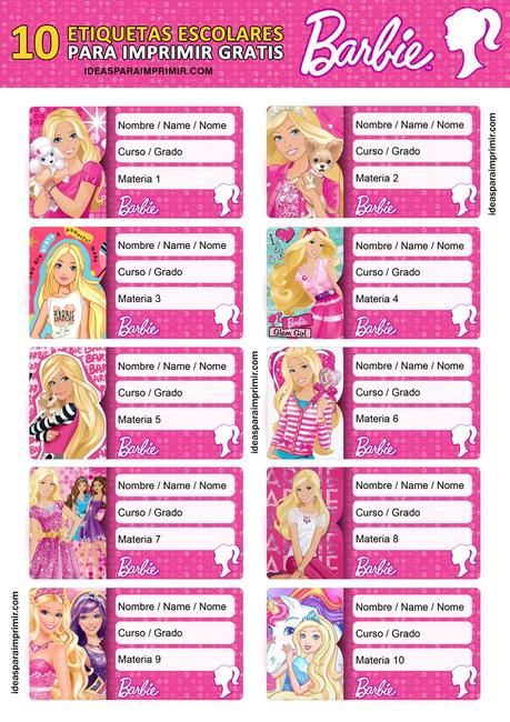 [+10] Etiquetas escolares de BARBIE GRATIS para editar e imprimir!