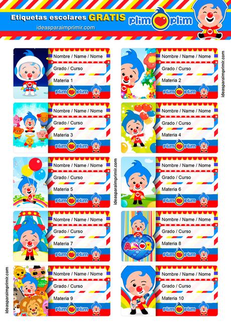 [+10] Etiquetas escolares de PAYASO PLIM PLIM (GRATIS) para editar e imprimir!
