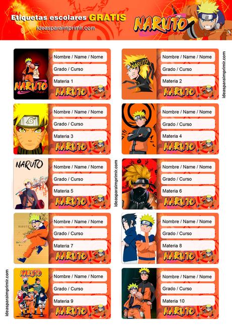 [+10] Etiquetas escolares de NARUTO (GRATIS) para editar e imprimir!
