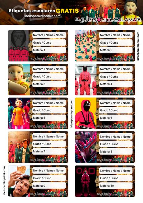 [+10] Etiquetas escolares de EL JUEGO DEL CALAMAR / SQUID GAME (GRATIS) para editar e imprimir!