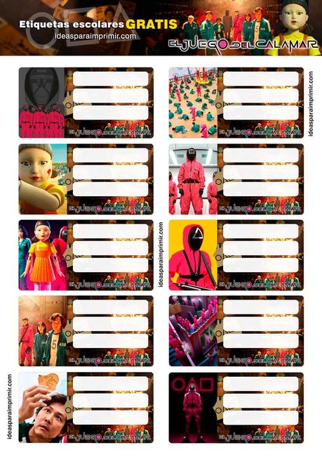 [+10] Etiquetas escolares de EL JUEGO DEL CALAMAR / SQUID GAME (GRATIS) para editar e imprimir!