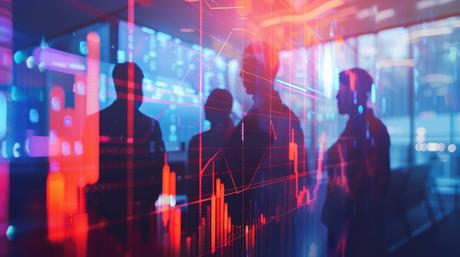 Business team making decisions based on financial graphs close up, focus on, decision making, ethereal, Multilayer, executive office