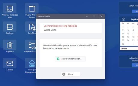 Ventana que indica que la sincronización no está activada. Un Adminisrador puede activarla.