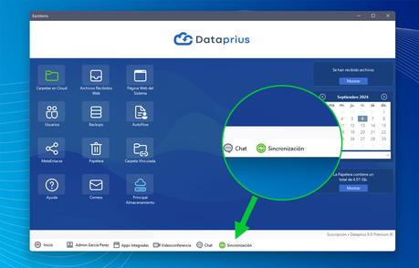 Escritorio dataprius. El botón de la sincronización está en la barra inferior.