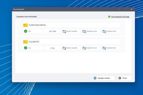 Pantalla de carpetas sincronizadas en Dataprius escritorio.