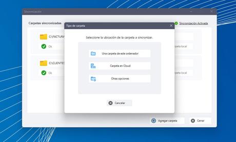 Seleccionar carpetas a sincronizar. Puden ser carpetas del equipo o carpetas en Cloud.