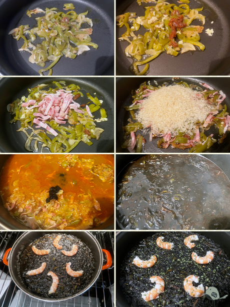 Arroz negro con bacon y gambón Arroz negro con bacon y gambón