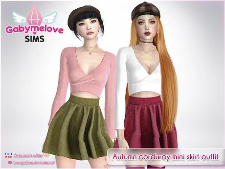 Sims 4 CC | Clothing: Autumn corduroy mini skirt outfit | Gabymelove Sims | Download, descargar, gratis, free, Custom content, contenido personalizado, mod, mods, clothes, cloth, ropa, vestimenta, fall, otoño, otoñal, pana, tela, fabric, minifalda, falda, blouse, long, sleeve, mangas, largas, corta, set, conjunto