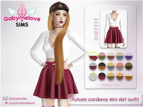 Sims 4 CC | Clothing: Autumn corduroy mini skirt outfit | Gabymelove Sims | Download, descargar, gratis, free, Custom content, contenido personalizado, mod, mods, clothes, cloth, ropa, vestimenta, fall, otoño, otoñal, pana, tela, fabric, minifalda, falda, blouse, long, sleeve, mangas, largas, corta, set, conjunto