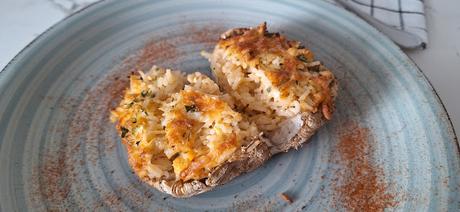 Apagallums rellenos de arroz con pollo y queso feta gratinados al horno (setas)