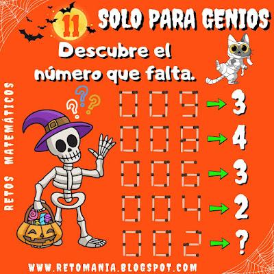SOLO PARA GENIOS Desafíos matemáticos, Retos matemáticos, Retos mentales, Retos virales, Retos visuales, Problemas matemáticos, Problemas de Ingenio, Acertijos, Acertijos visuales, Descubre el número, Halloween, Retos Halloween, Solo para Genios, Retos Solo para Genios, Gimnasia Cerebral, Gimnasia matemática, Cerillas, Juego con Cerillas, Retos con Fósforos, Juegos con Fósforos
