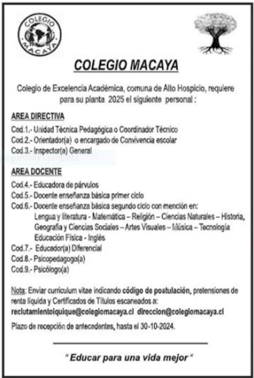 OPORTUNIDADES DE EMPLEOS PARA ORIENTADORES EN CHILE. Semana del 21 al 27-10-2024.