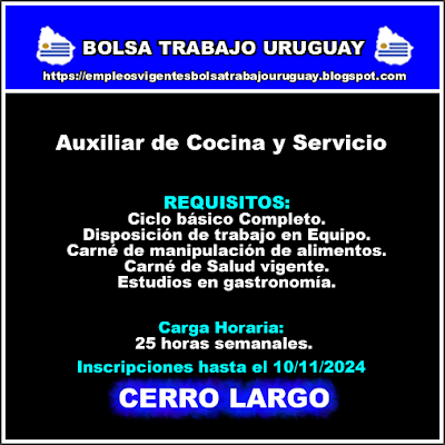 Auxiliar de Cocina y Servicio Cerro Largo Auxiliar de Cocina y Servicio Cerro Largo