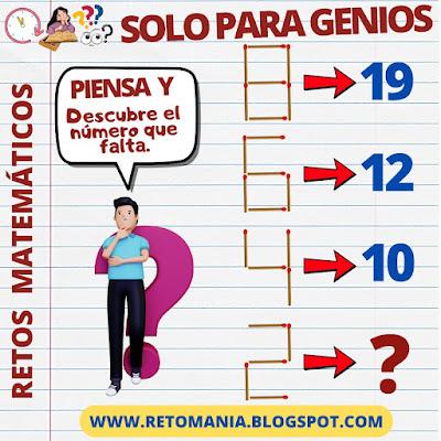 Acertijos, Acertijos matemáticos, Acertijos visuales, Acertijos mentales, Desafíos matemáticos, Retos matemáticos, Problemas matemáticos, Problemas de Ingenio, Problemas de lógica, Descubre el número, ¿Cuál es el número que falta?, El número Oculto, Cerillas, Juegos con Cerillas, Retos con Cerillas